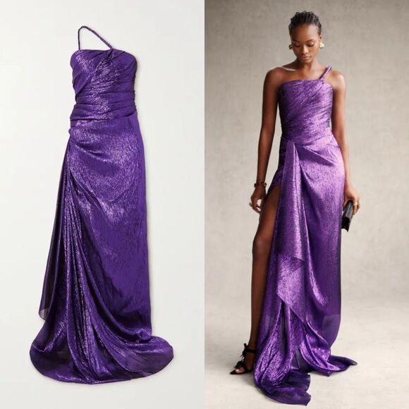 NWT OSCAR DE LA RENTA One-Shoulder Draped Silk-Blend Lamé Gown Size 10 $7995 - Picture 1 of 9